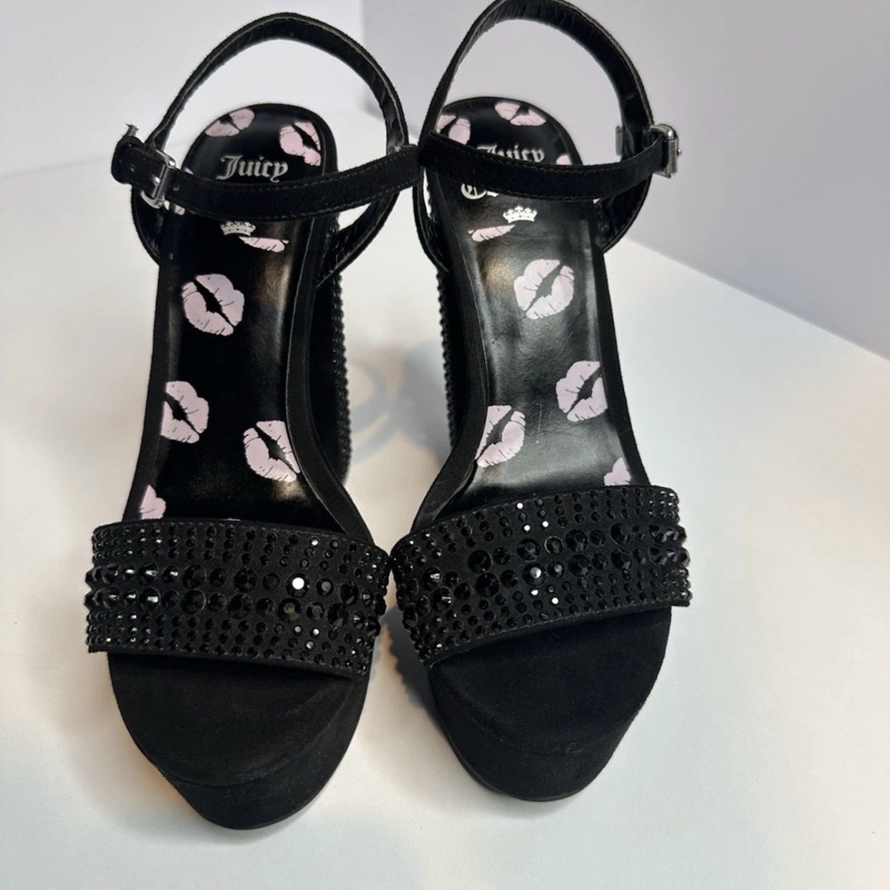Juicy Couture Black Crystal Strap Open-Toe Chunky Studded Rhinestone Platform